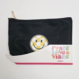 NEW Peace Love Vibes Clutch Pouch Hippie Smiley Face Black Cosmetics Travel Bag